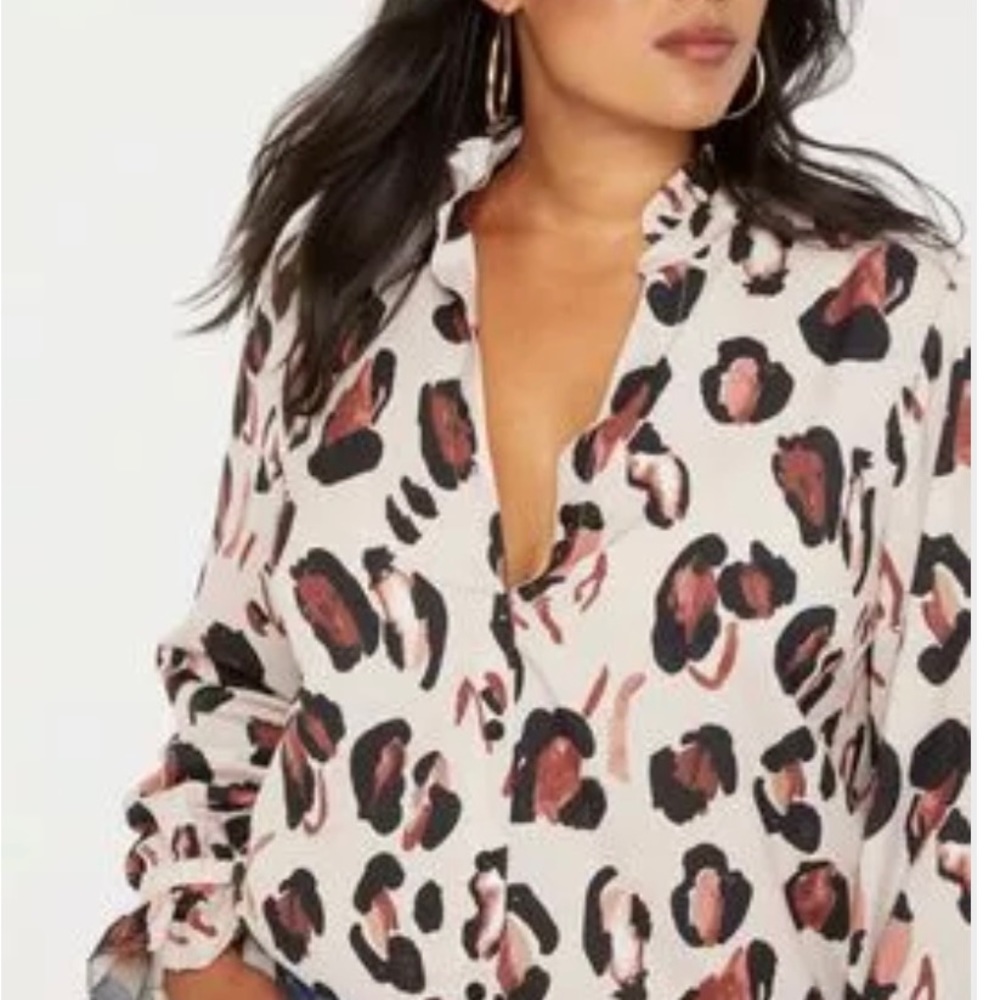 Animal print ruffle collar long sleeve blouse.